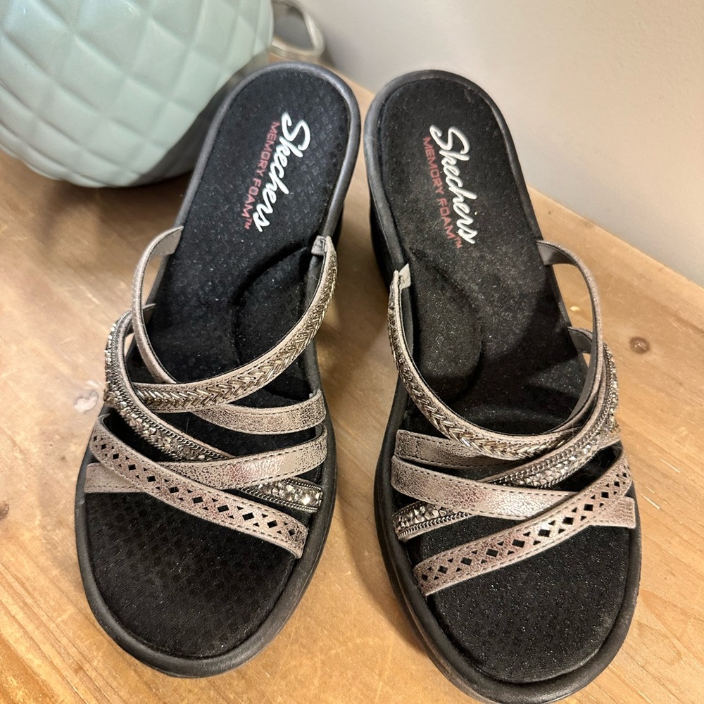 Skechers Women's Black and Silver Wedge Sandals